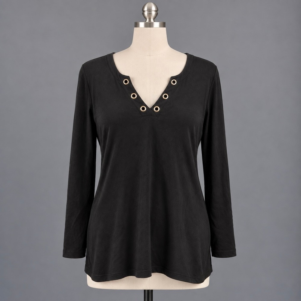 Chico's Top Women's Size 1 M Black Gold Grommet V Neck Long Sleeve Stretch Tunic
